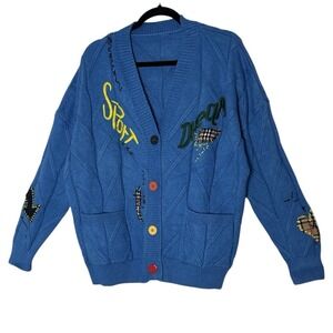 Ebossy Cardigan Women's XL Blue Cable Knit Button Down Embroidered Sport Stretch